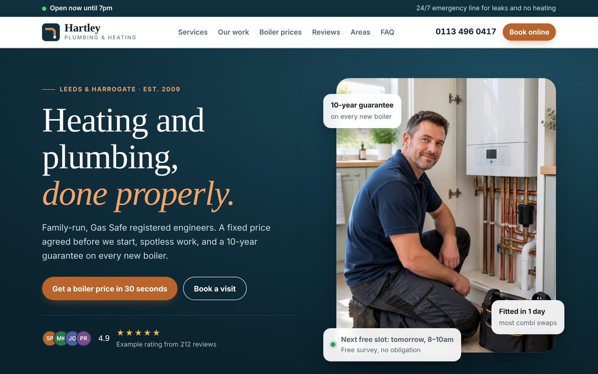 The Hartley Plumbing example site on a laptop: headline, booking buttons and a photo of an engineer by a new boiler